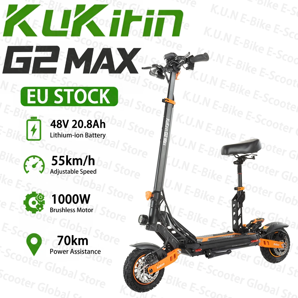 Monopattino Elettrico Pieghevole KuKirin G2 MAX Motore 1000W Batteria 48V 20.8Ah Pneumatici Anteriori Fuoristrada da 10 Pollici Velocità 70km Autonomia