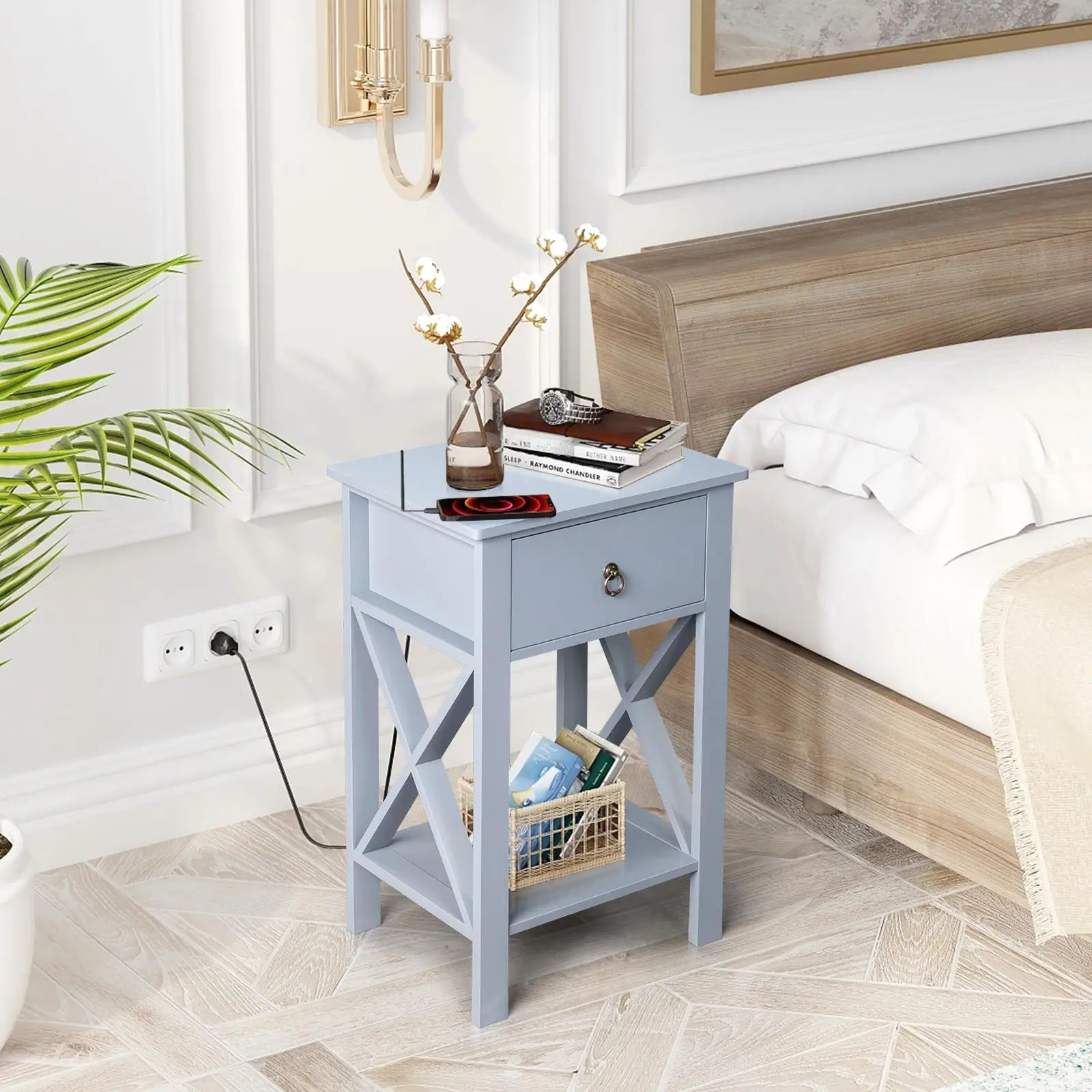 Gray Two-Layer Drawer Bedside Table & Coffee Table with Side Intersection Design