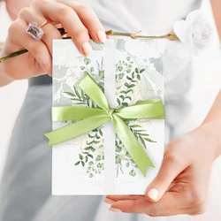 50pcs Folded Vellum Jackets with Ribbon for Wedding Invitations Card Birthday Party Baby Shower Cards Craft Paper Wraps