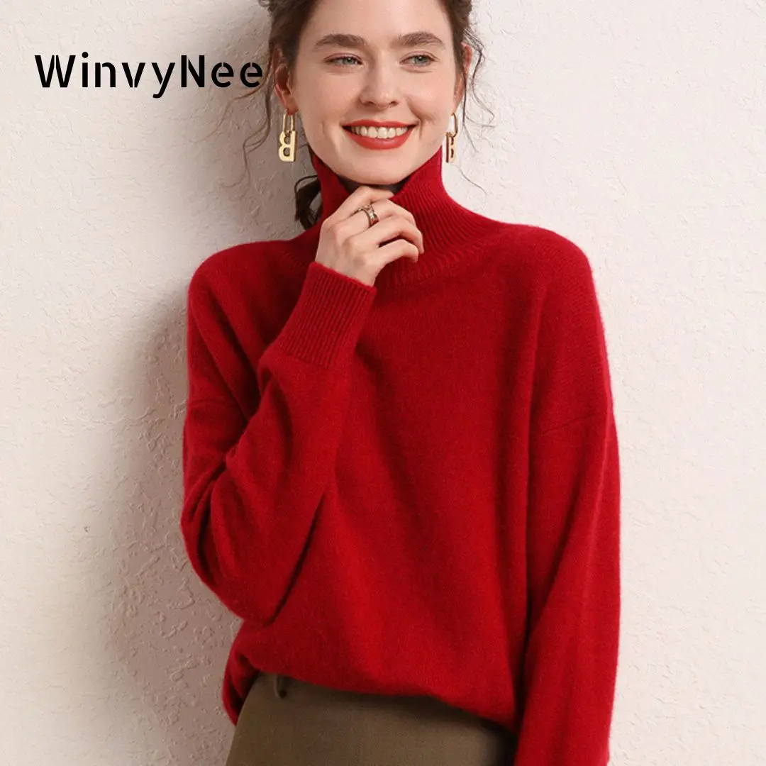 WinvyNee Women\'s Clothing Wool Red Sweater Turtleneck Loose Casual Jumpers Pullover Soft Oversized Outerwears Winter A1103002B