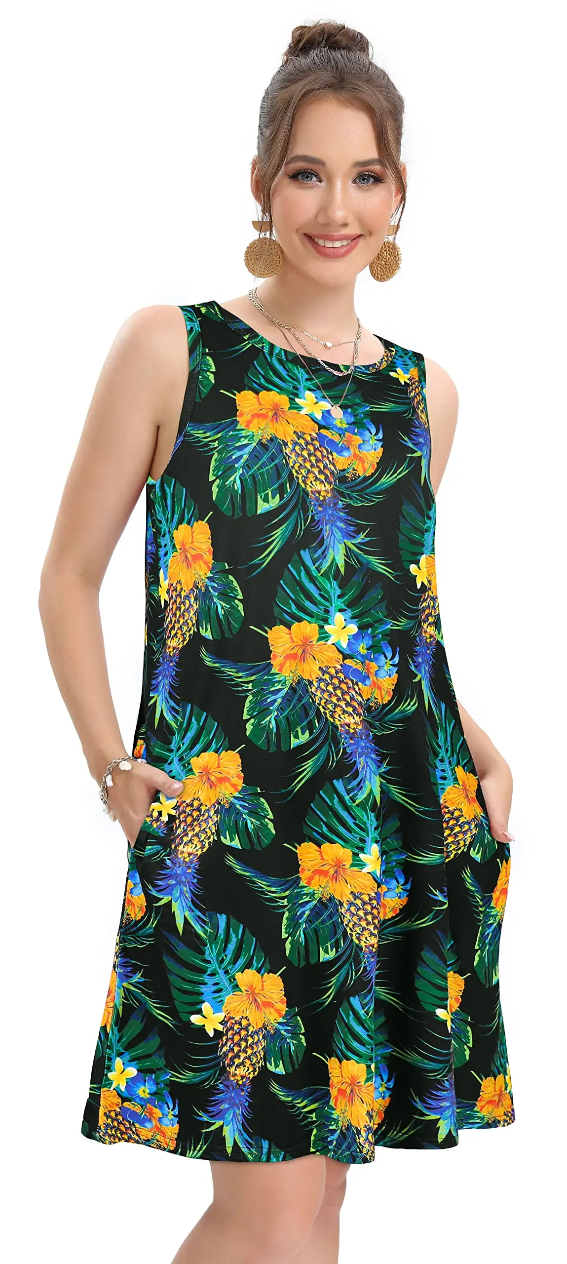 Ladies Casual Fashion pineapple flower print ladies sleeveless vest with loose skirt with pockets. Elegant evening gown forwomen