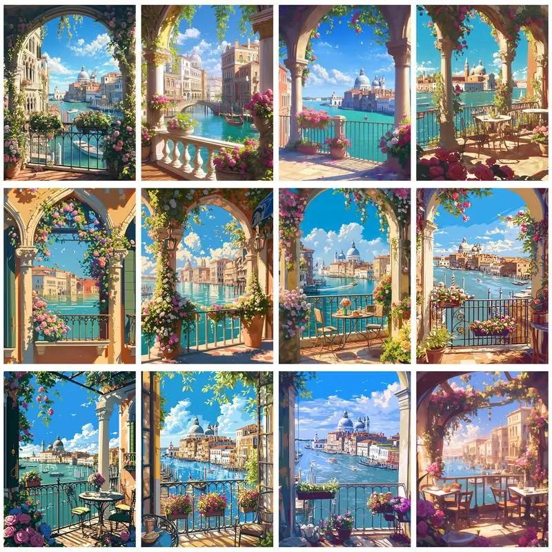 

CHENISTORY DIY Pictures By Number Balcony with sea view Kits Home Decor Painting By Numbers Drawing On Canvas HandPainted Art Gi