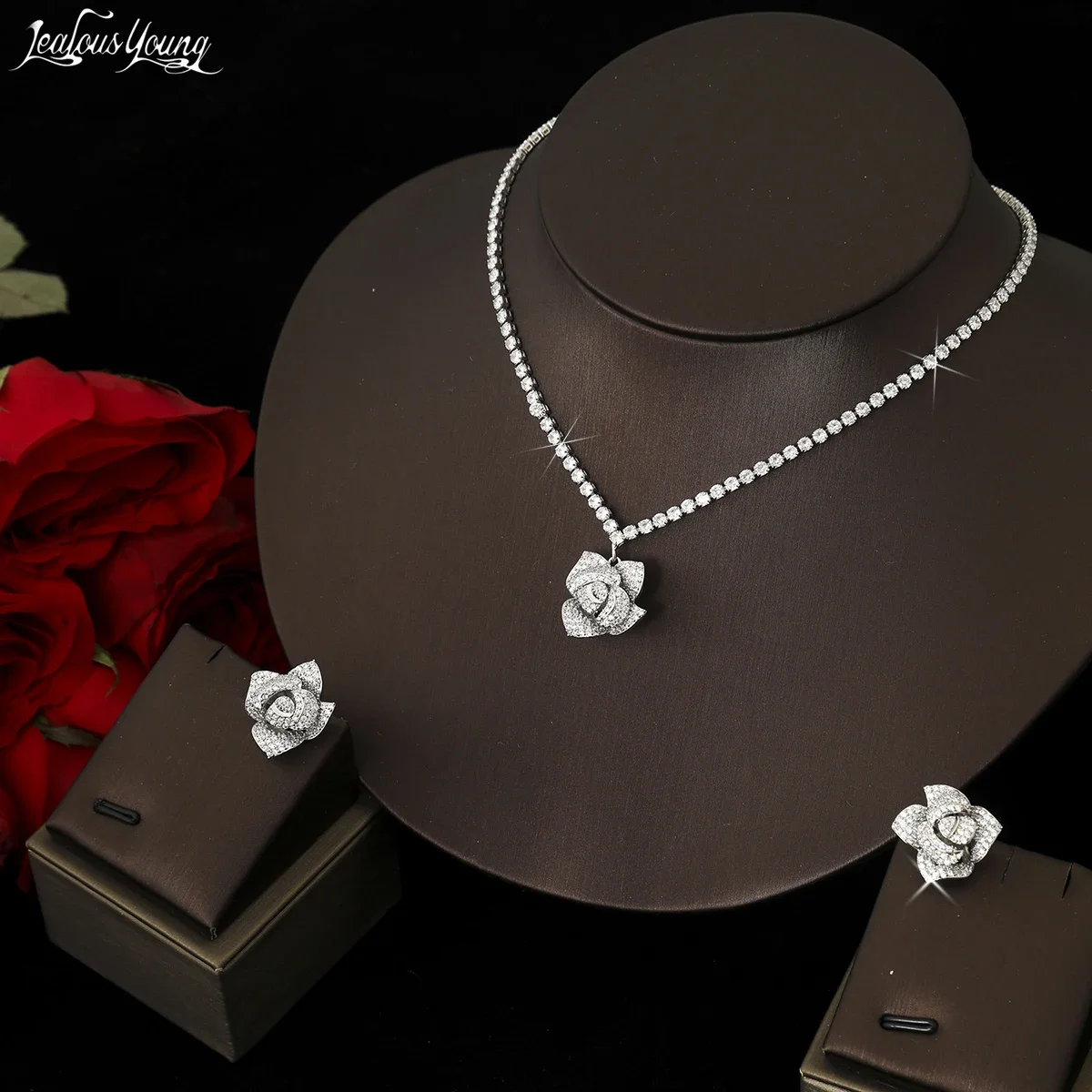 Silver Color Texture Rose Necklace Earrings Design Sense Elegant Three-dimensional Camellia Party Jewelry Sets for Women Adiante