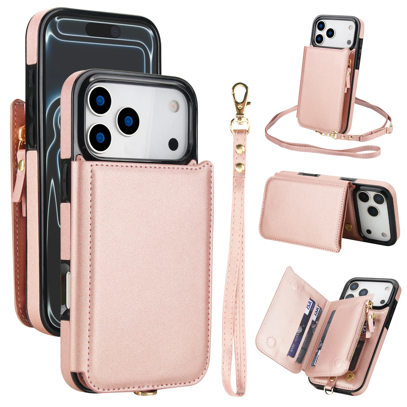 

Crossbody Leather Zipper Card Holder Wallet Case for iPhone 17 Pro Max 16 15 14 13 12 11, Cards Pockets Stand Phone Cover Funda