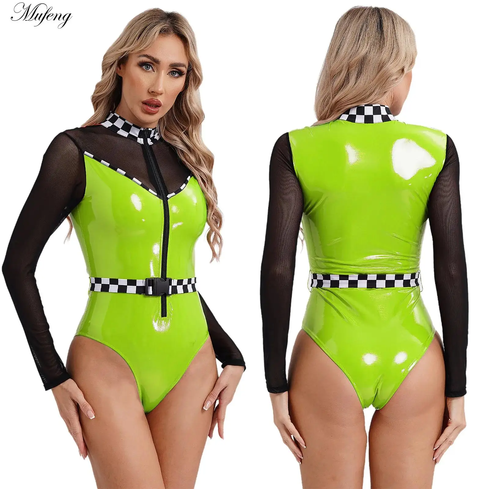 Women's Speed Car Racer Driver Bodysuit with Belt Fancy Dress-up Checkerboard Sheer Mesh Zipper Patent Leather Leotard Jumpsuit