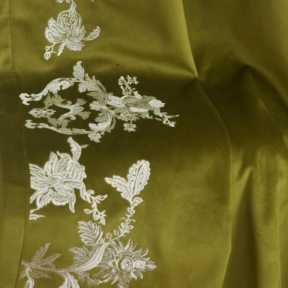 Elegant Olive Green Velvet Curtains with White Floral Embroidery, 52 Wide x 96 Long, Set of 2 for Home Decor