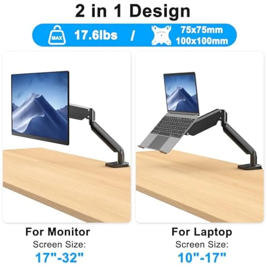 Laptop Stand Desk Mount 2 in 1 Function Monitor Laptop Mount Gas Spring Laptop Arm Fits Max 17