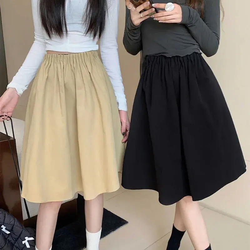 

Basic Elastic High Waist Korean Knee Skirts Women's Clothing Solid Color Spring Summer Casual A-Line Fashionable Folds Skirts
