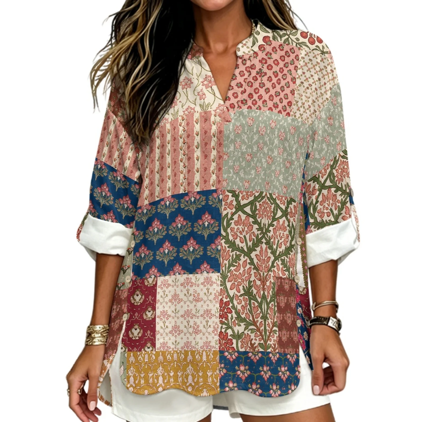 PENSTROLL Patchwork Floral Linen Like V Neck Blouses, Roll up 3/4 Sleeve Tunic Top Sizes S-5XL, for Women Daily Fall Wear