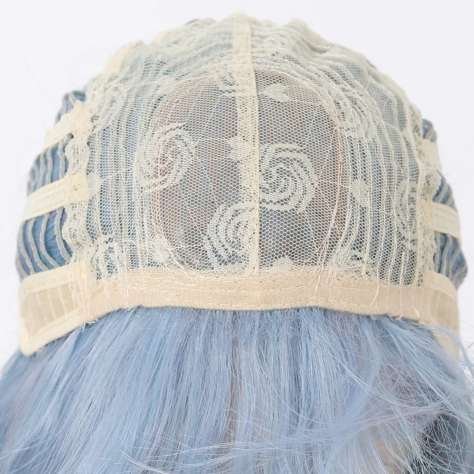 Allbell Magique Blaue Haarperücke mit Pony, lange gewellte synthetische Perücke, babyblaue lockige Perücke für Frauen, täglicher Partygebrauch, hitzebeständig – Detail 9