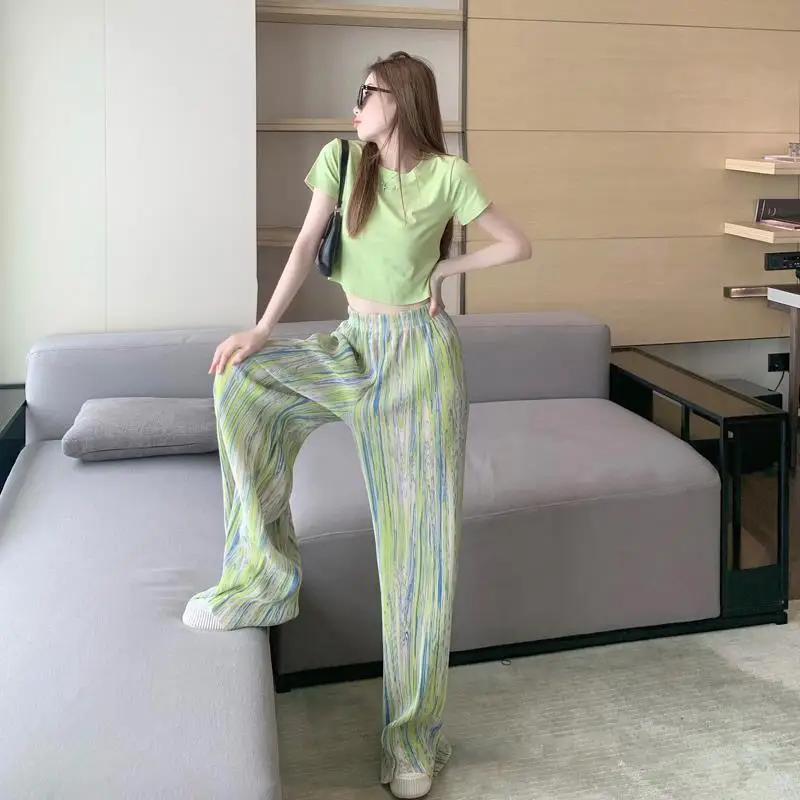 Korean Fashion Tie Dye Wide Leg Pants Spring Summer Women Thin Pleated Casual Elastic High Waist Straight Trousers Streetwear