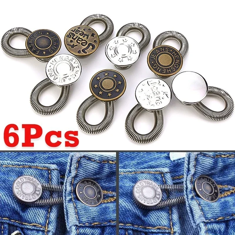 6PCS New Retractable Nail-free Spring Expansion Waist Button Jeans Waist Extension Extension Universal Adjustable Button