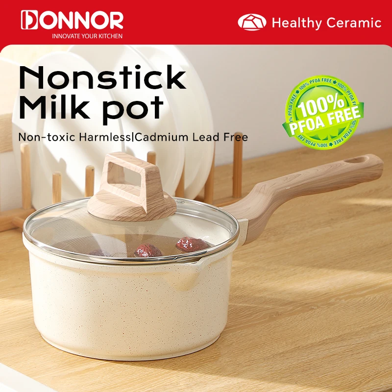 DONNOR Nonstick Saucepan with Lid Kitchen Small Saucepan Sauce Pots Cooking Pot with Pour Spout Compatible for All Stoves JT405