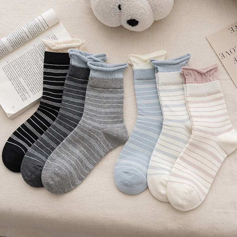 

6 Pairs Spring and Autumn Forest Striped Breathable Rolled Edge Socks with Contrasting Colors Versatile Pure Cotton Long Socks