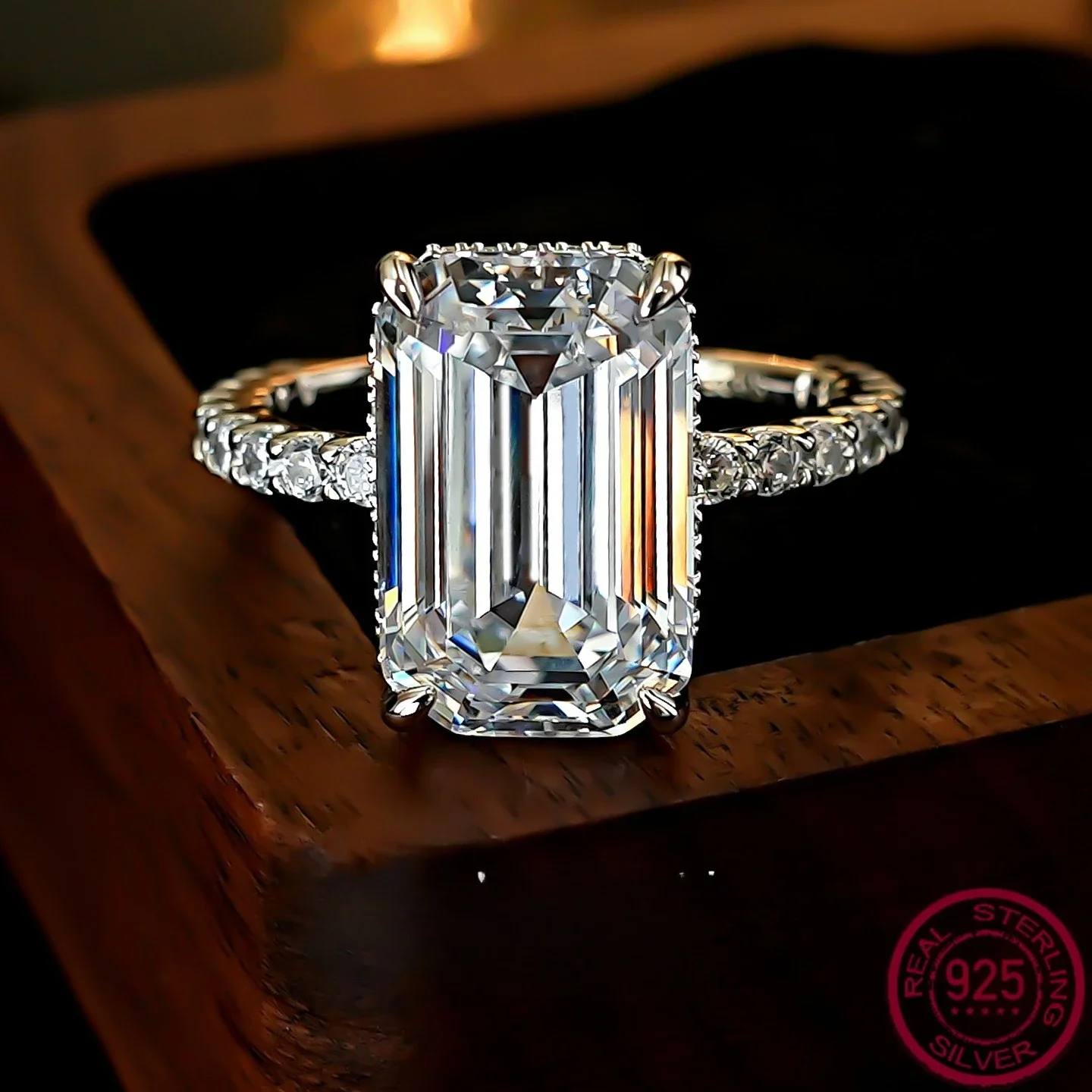 

New Ice Through Sugar 9-Carat Emerald Cut S925 Silver Ring with Women's White Diamond Style Simple Jewelry