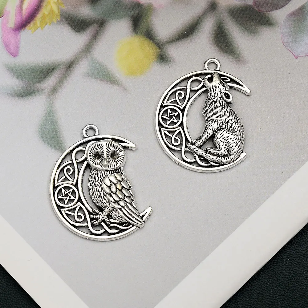 5pcs/Lots 33x26mm Vintage ViKing Wolf Owl Charms Vikingar Moon Pendant For DIY Jewelry Necklace Keychain Making Accessories