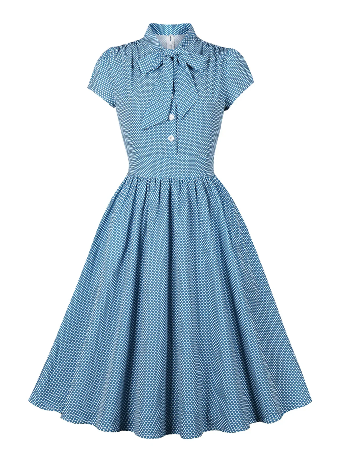 

Elegant Bow Neck Button Up Summer Dress 1950s Vintage Style Women Short Sleeve Vintage Party Clothes Pleated Polka Dot Dresses
