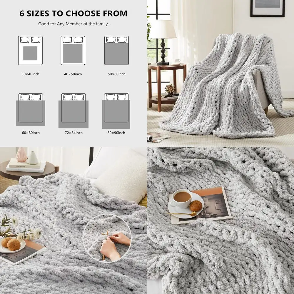 

Large Grey Chunky Cable Knit Chenille Throw Blanket, 72x84 for Bed & Couch - Handcrafted Thick Crochet Rope Style for Home Decor