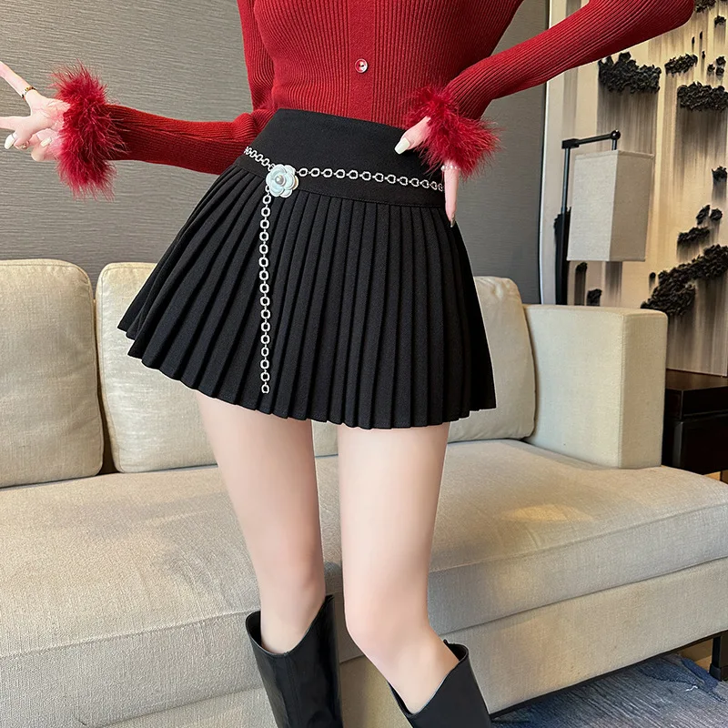 Korean Fashion Preppy Style Mini Skirts Women A-line High Waist Female Pleated Skirt Chain Lace-up Elegant Skirts