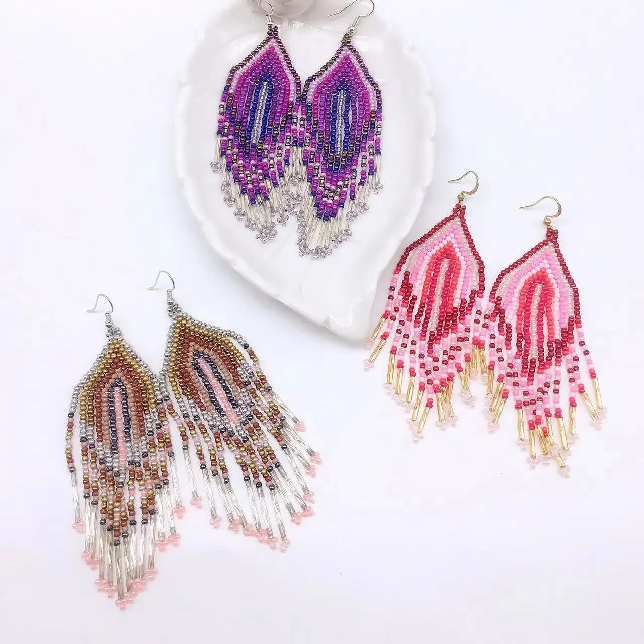 Fringe Earrings  Hand knitting  Beaded  fashion  Color matching  multi-storey  personality  Bohemia  ma'am  Rice Bead Earrings