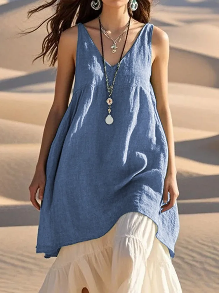 

Women‘s Summer Boho Loose Dress Fashion Solid Color V Neck Sleeveless Midi Dresses Female Casual Beach Party Vestidos Dress