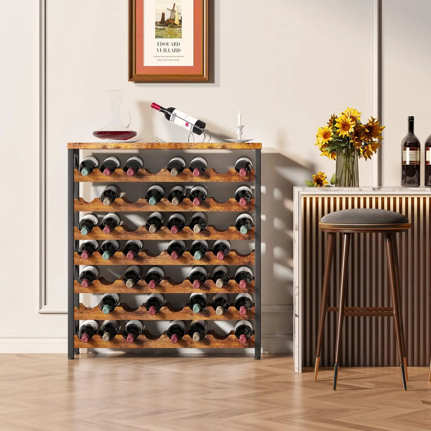 56-Bottle Wine Rack Freestanding Floor, Wooden Wine Storage Shelf, Stackable Wine Rack with Tabletop for Living Room, Kitchen