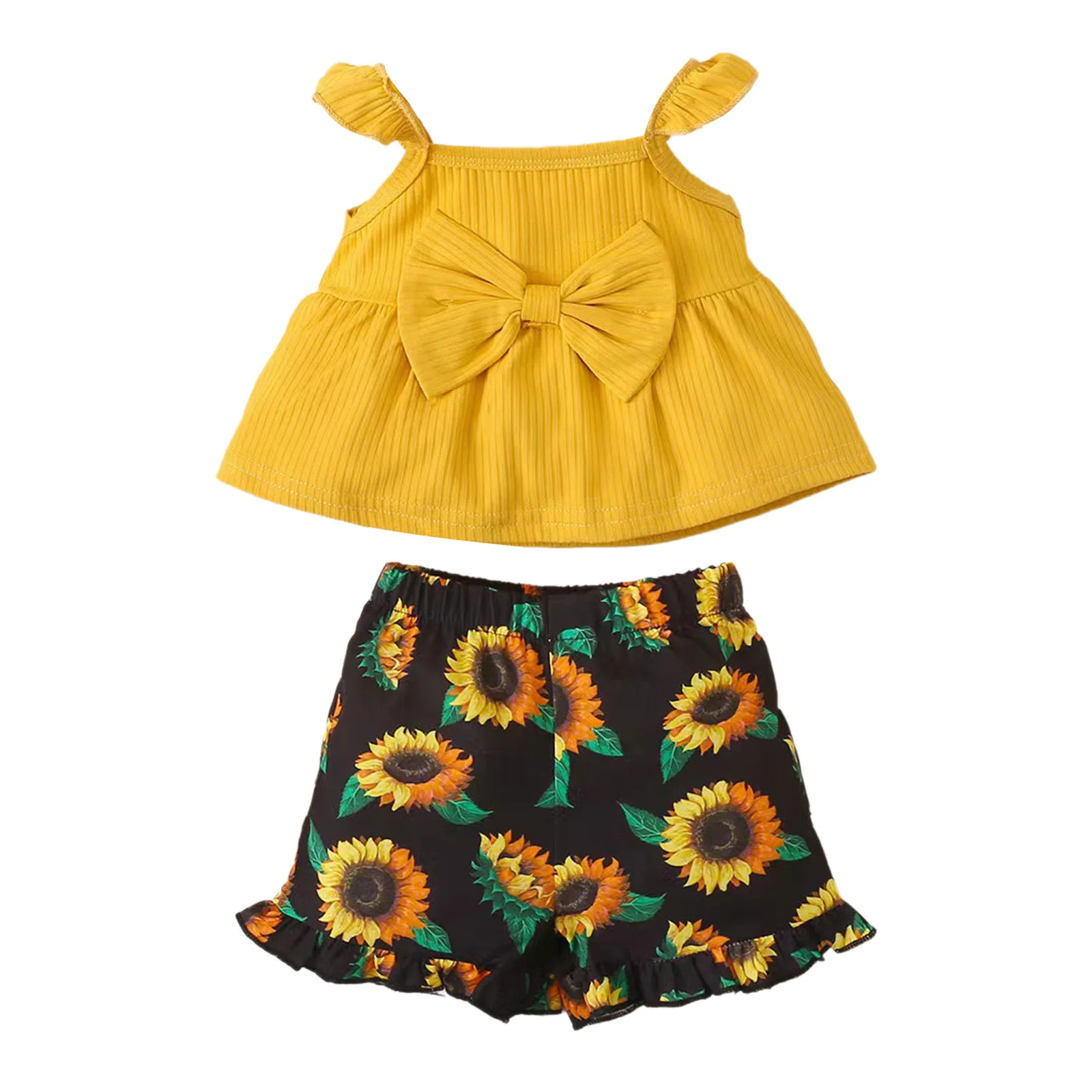 

Toddler Baby Girls Summer Outfits Flying Sleeve Bowknot Flounce Cami Top with Flower Print Ruffle Shorts Headband Casual Clothes