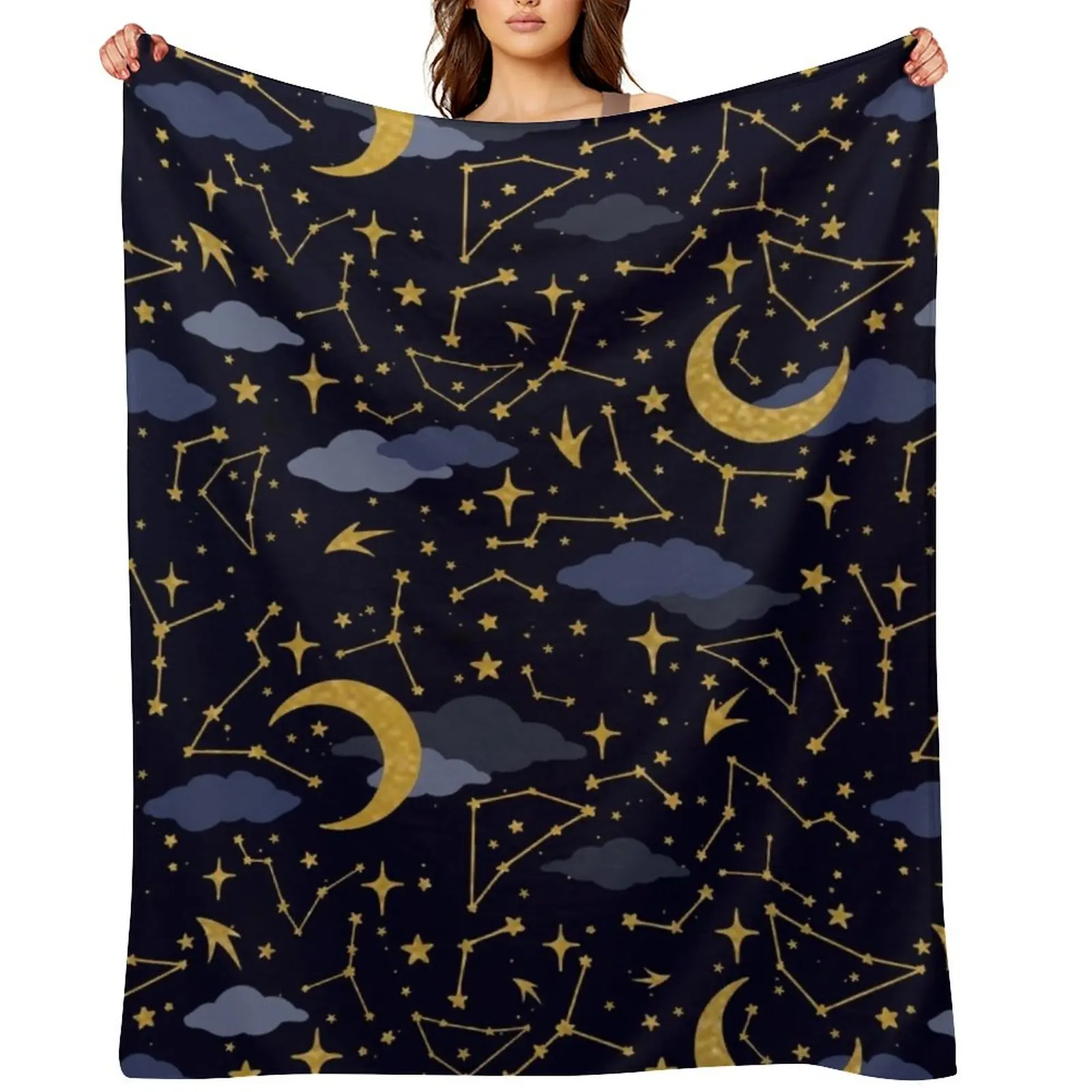 

Celestial Stars and Moons in Gold and Dark Blue Throw Blanket sofa bed Vintage Thermal Softest Blankets