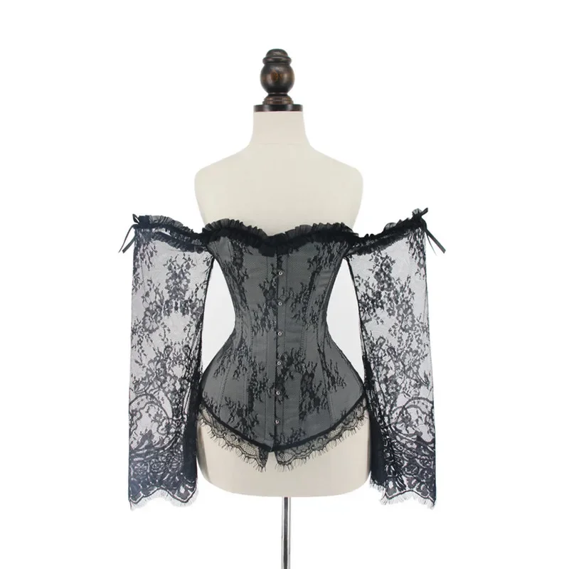 Corsé victoriano Steampunk Sexy con encaje, mangas largas, corpiño y corsés con hombros descubiertos, corsé con correa de modelado para mujer