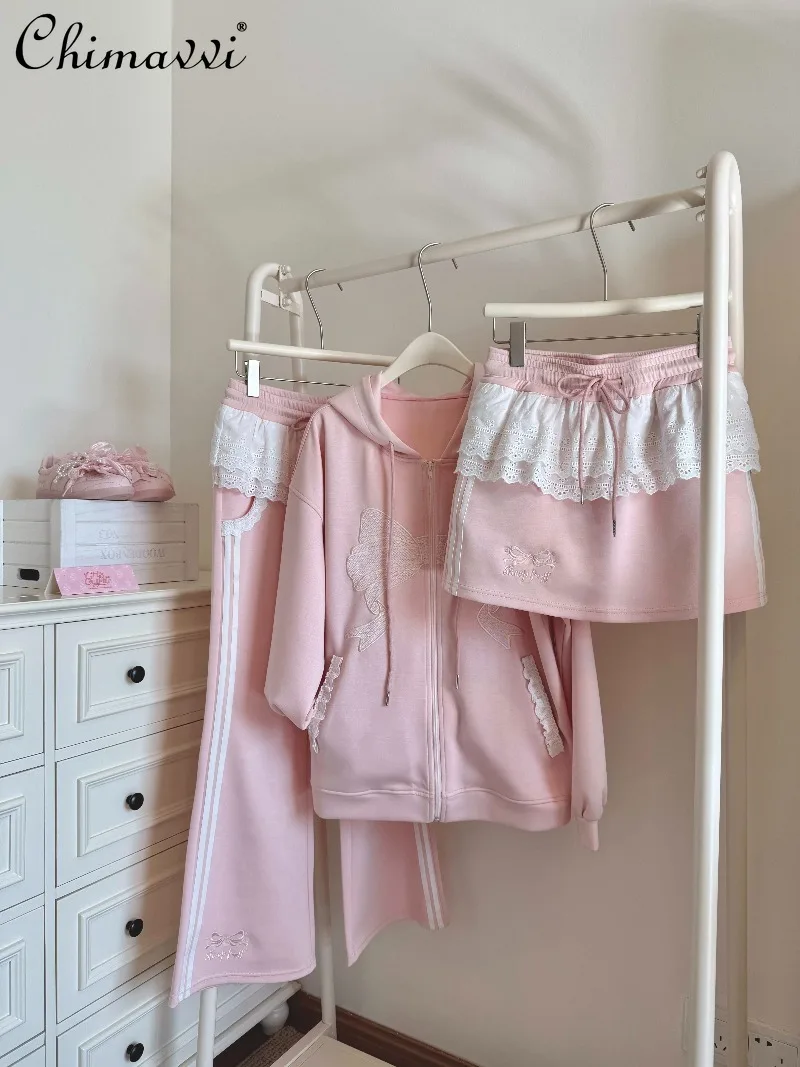 

Новый весенне-осенний повседневный комплект в японском стиле для девушек: милый худи с длинным рукавом, спортивные брюки и юбка. Женский комплект.