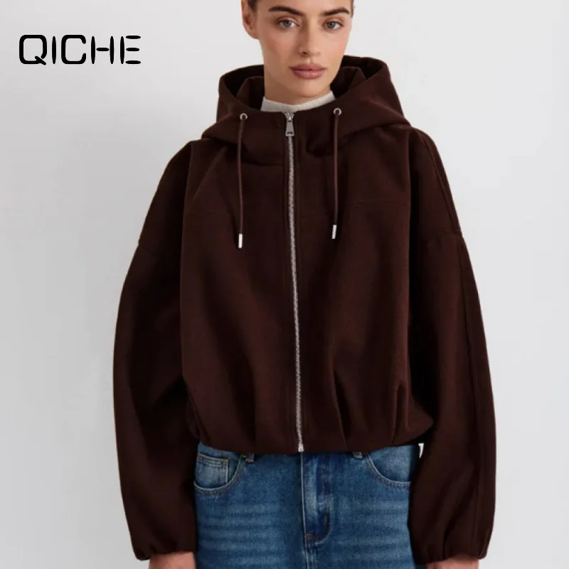 QICHE Women 2026 European Vintage Cropped Hooded Wool Coat Loose Drop Shoulder Casual Woolen Outer Jacket