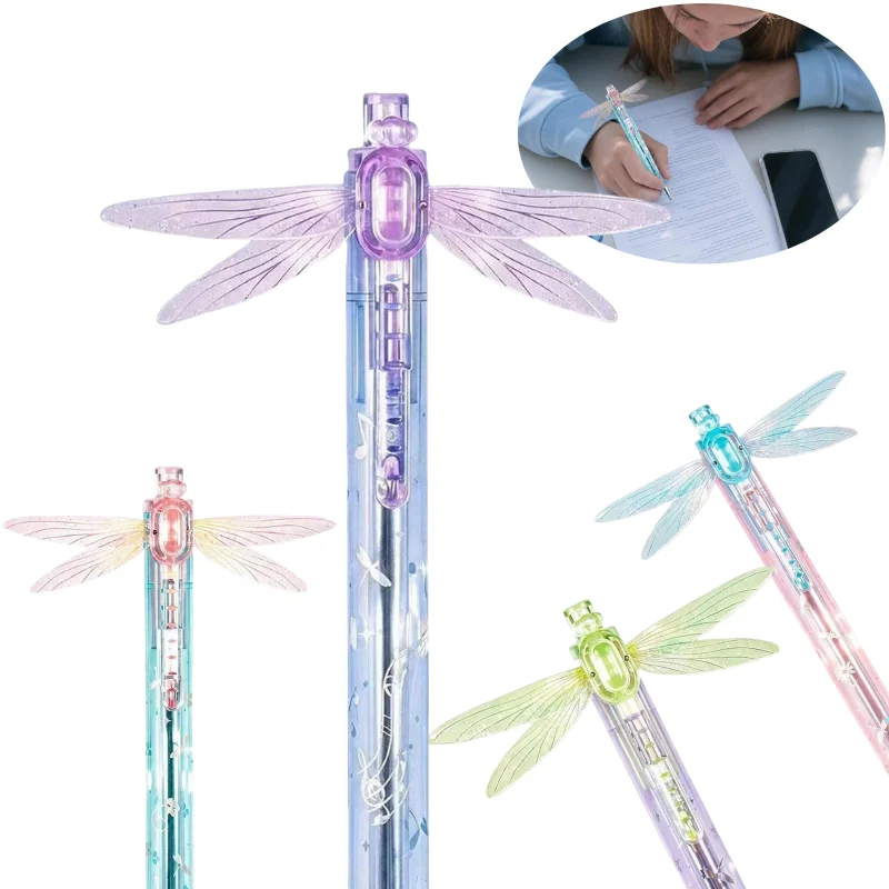 0.5mm Cute Dragonfly Retractable Gel Pen Quick Drying Smooth Writing Transparent Glitter Wing Design Black Ink Writing Pen