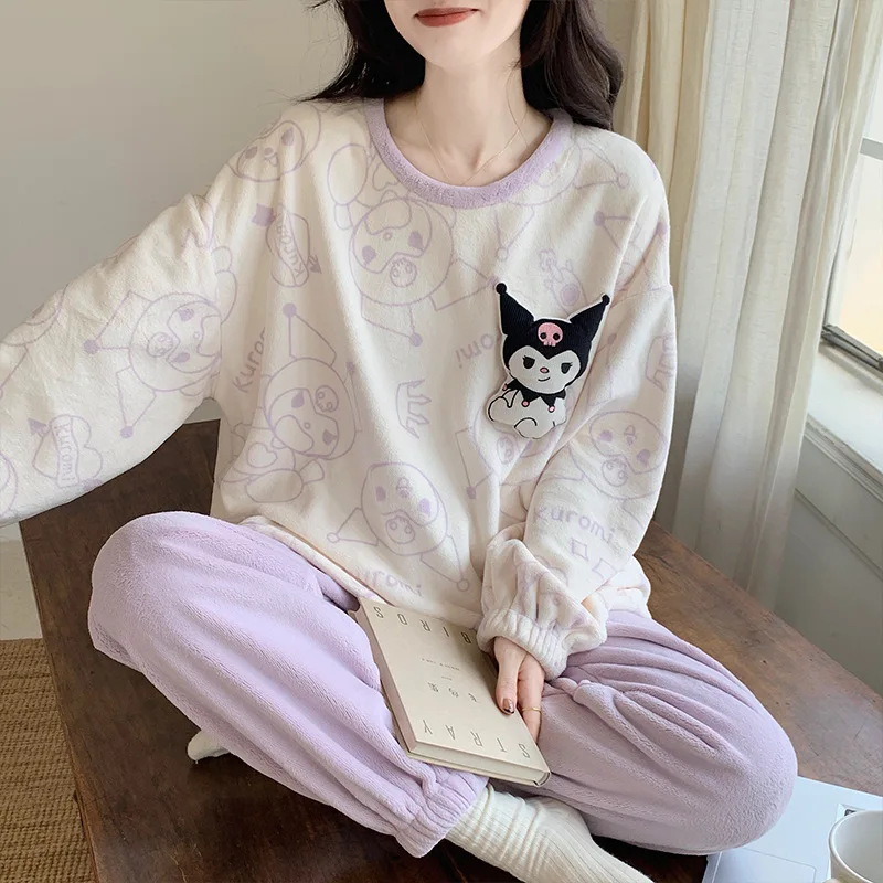 Sanrio Hello Kitty Winter Pajamas for Woman Y2K Cinnamoroll Kuromi Warm Clothes Woman Winter Clothes Warm Flannel Thick Pyjamas