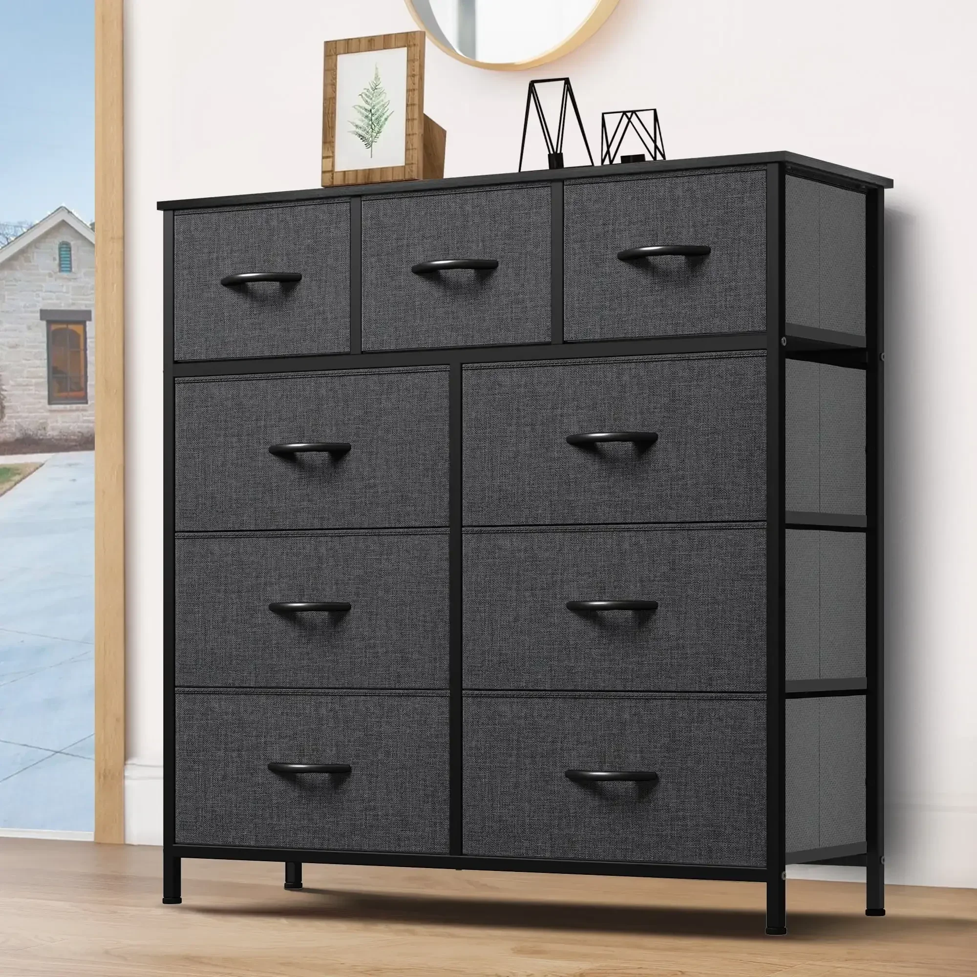 

Storage Dresser Furniture Fabric Storage Tower with 9 Drawers Fabric Storage Dresser, Black Gray
