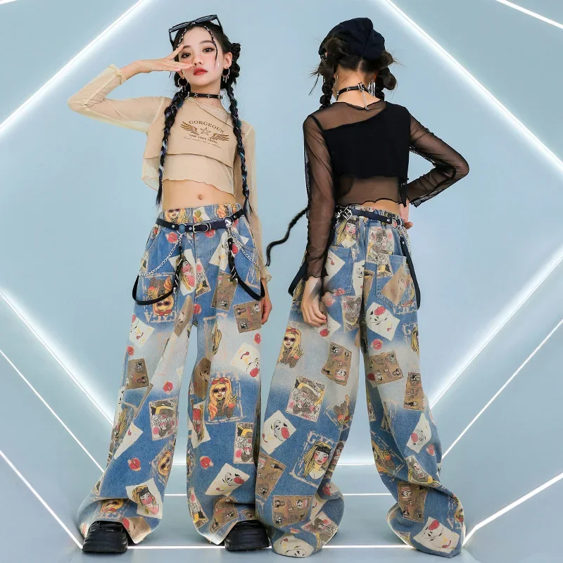 Jeans chauds pour filles, Streetwear, Costume de Jazz pour enfants, ensembles de vêtements de spectacle sur scène, Hip Hop, haut court en maille, pantalon en Denim de danse de rue