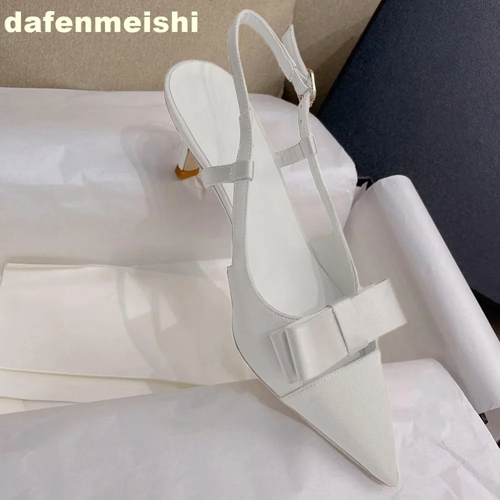 Boog Holle Vrouwen Hoge Hakken 2026 Zomer Nieuwe Stijl Puntschoen Naaldhak Zijden Teen Sandalen Slingback Terug Strap Schoenen