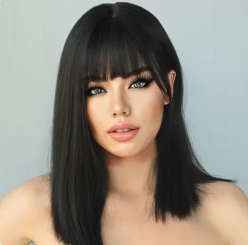 Wig wanita serat sintetis, rambut palsu lurus panjang, dengan pinggiran anggur merah, rambut panjang medium, suhu tinggi