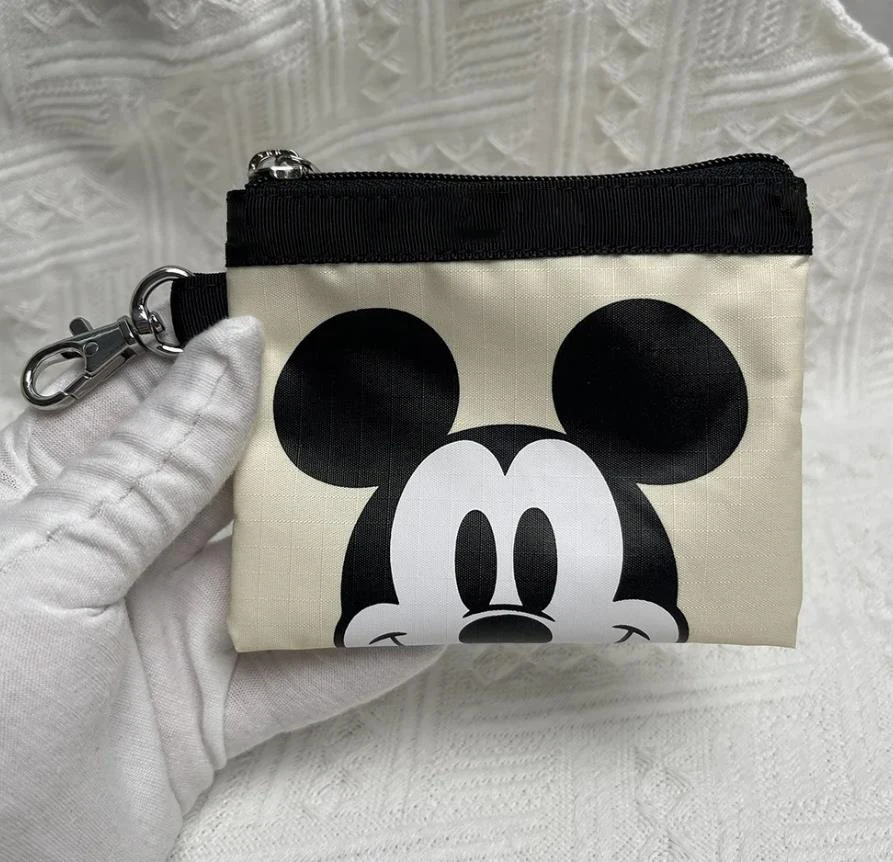 Disney Waterproof Coin Purse Mickey Minnie Mouse Cartoon Print Mini Wallet with Keychain Donald Duck Kawaii Coin Key Storage Bag