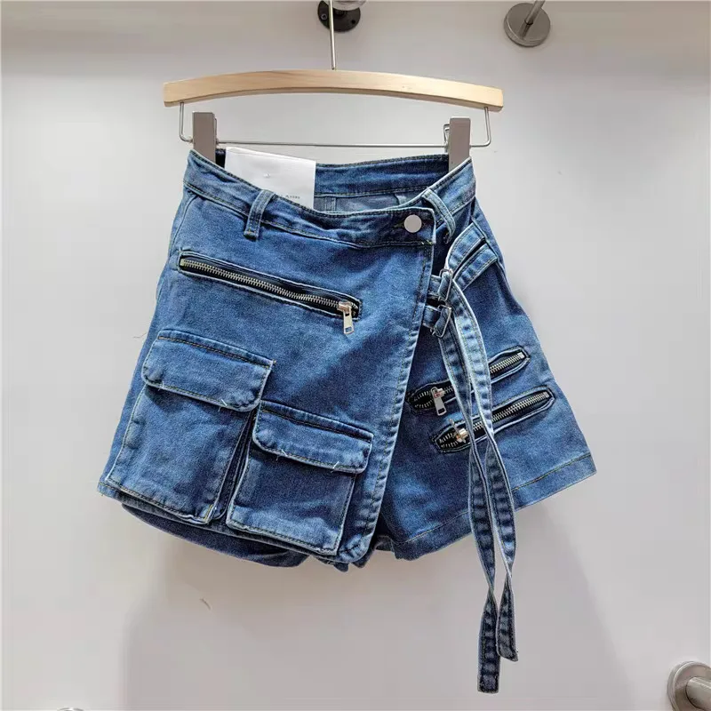 Korean-style Irregular Multi-pocket Design Cargo Shorts, Women's 2025 Summer New Loose Street Personality Lace-up Denim Culottes