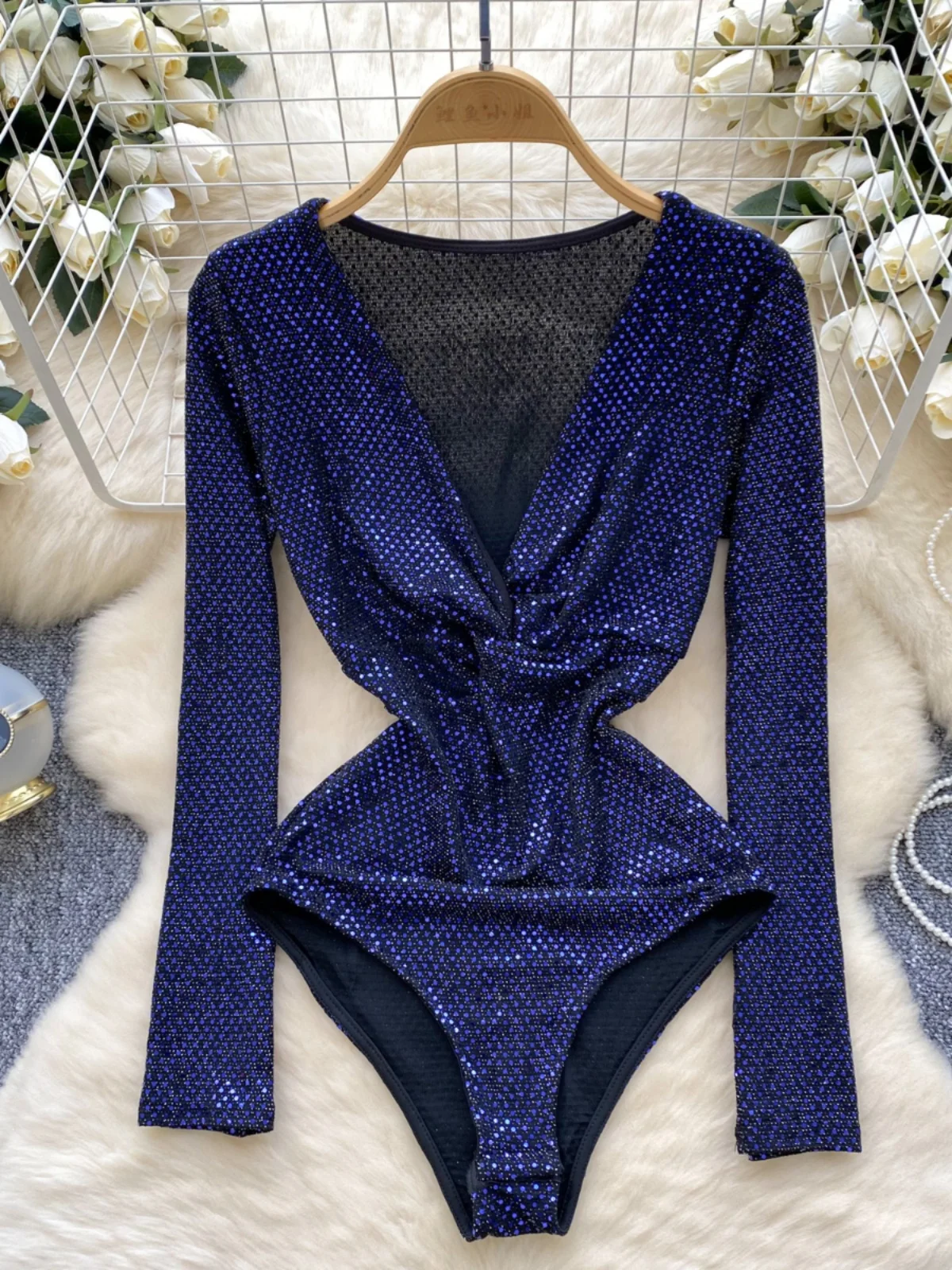 Ele – haut une pièce à paillettes pour femmes, amincissant, Design V-Ne, luxe, jambes droites, taille haute, pantalon ort