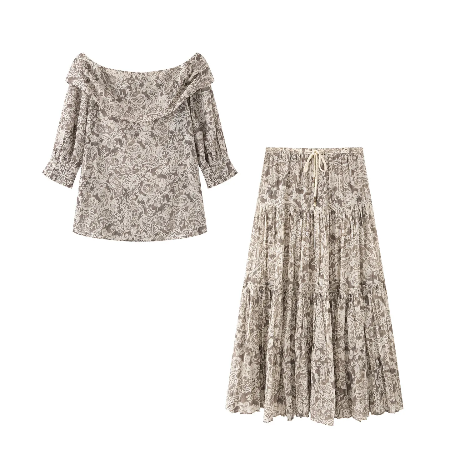 

Xiao Ai's 2026 Summer New One-Shoulder Floral Print Shirt Vintage High Waist Floral Print Skirt Two-Piece Set Women's Fa...