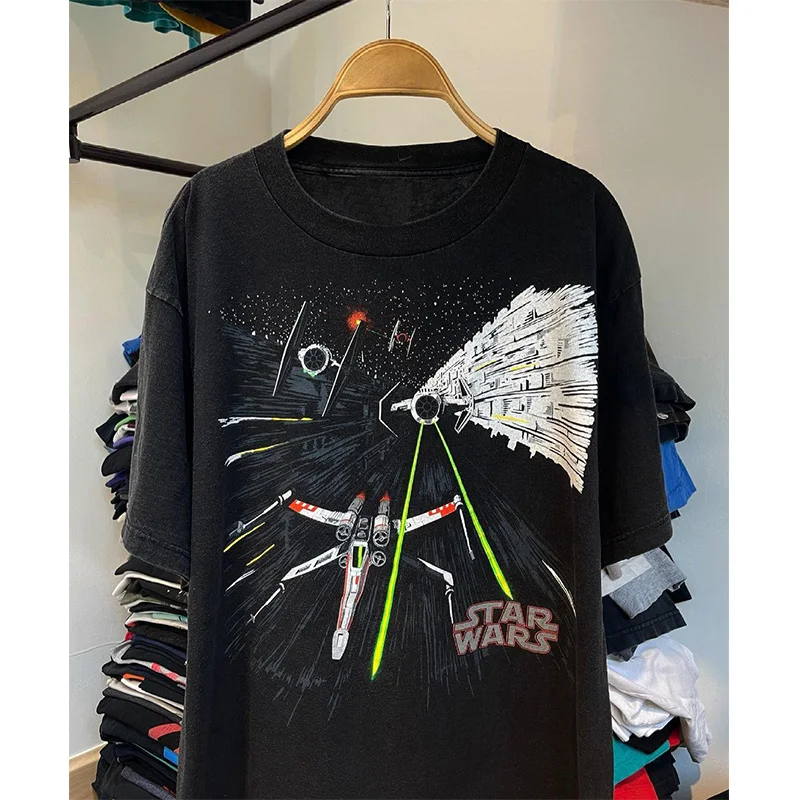 

Disney Star Wars Hand-painted Illustration Print Summer American Retro T-shirt Men's Women's Same Casual Cotton Short-sleeved