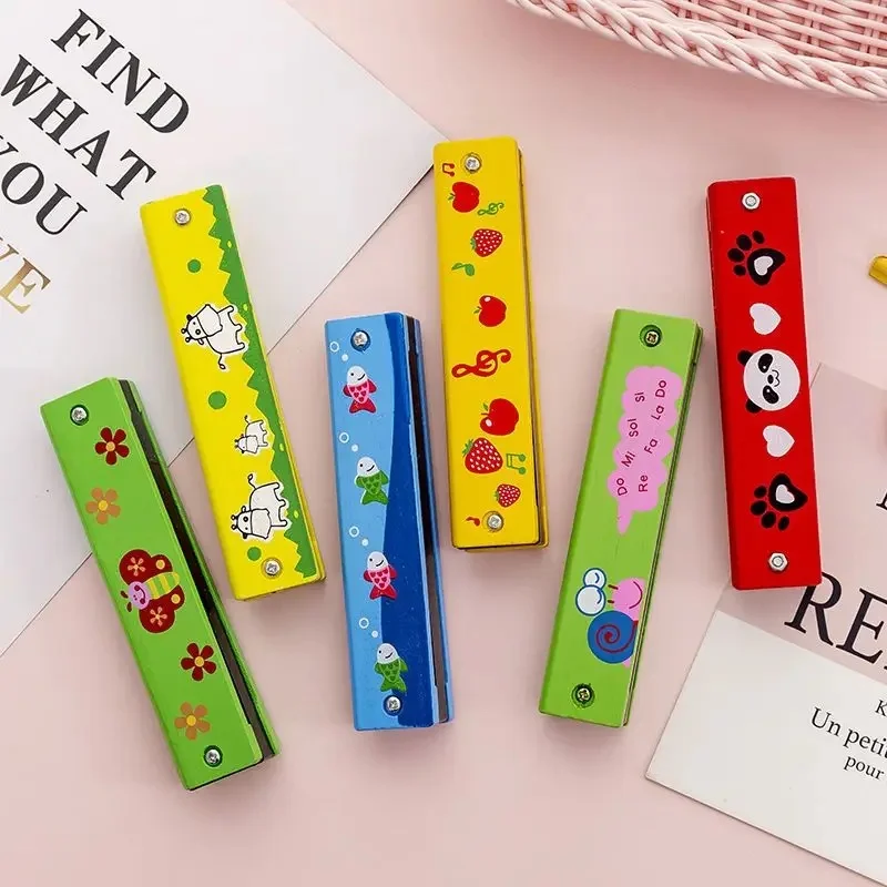 1-7pcs Wooden Harmonica Musical Instrument 16holes Cartoon Cute Pattern for Beginners Music Teaching Aids School Rewards TMZ
