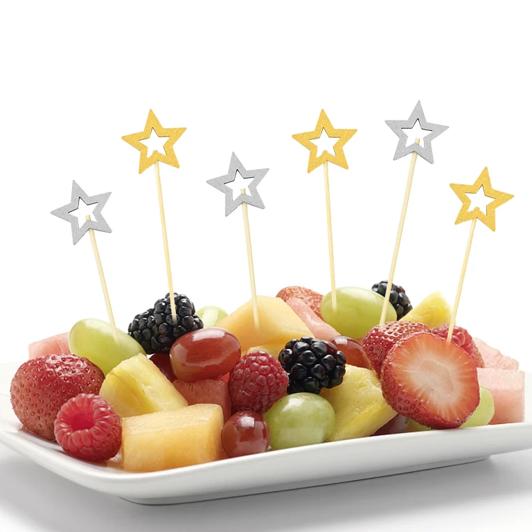 50/100PCS Gold Star Disposable Bamboo Sticks Christmas Wooden Fruit Fork Dessert Cocktail Picks Birthday Party Buffet Toothpick