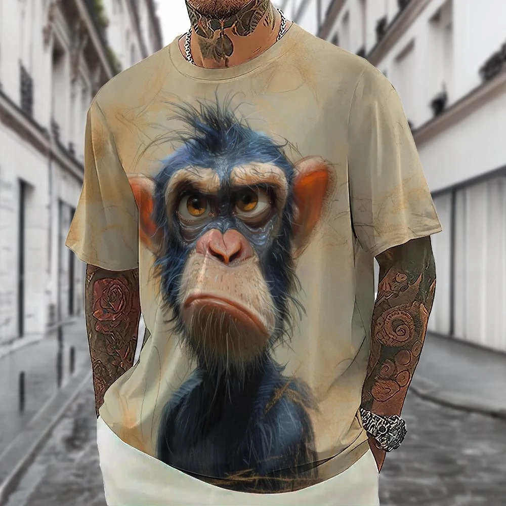 Summer Men's Short Sleeve T-Shirt Emotional Monkey Print Funny Sublimation Loose Fit T Shirt for Men Cute Animal Stylish Men Top