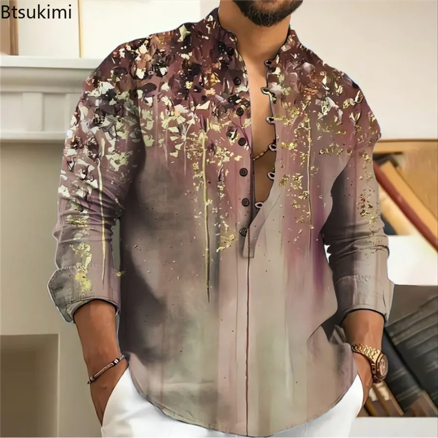 Spring Summer New Men's Long Sleeve Button-up Shirt 3D Print Trend Pattern Casual Loose Stand Collar Beach Tops Retro Streetwear