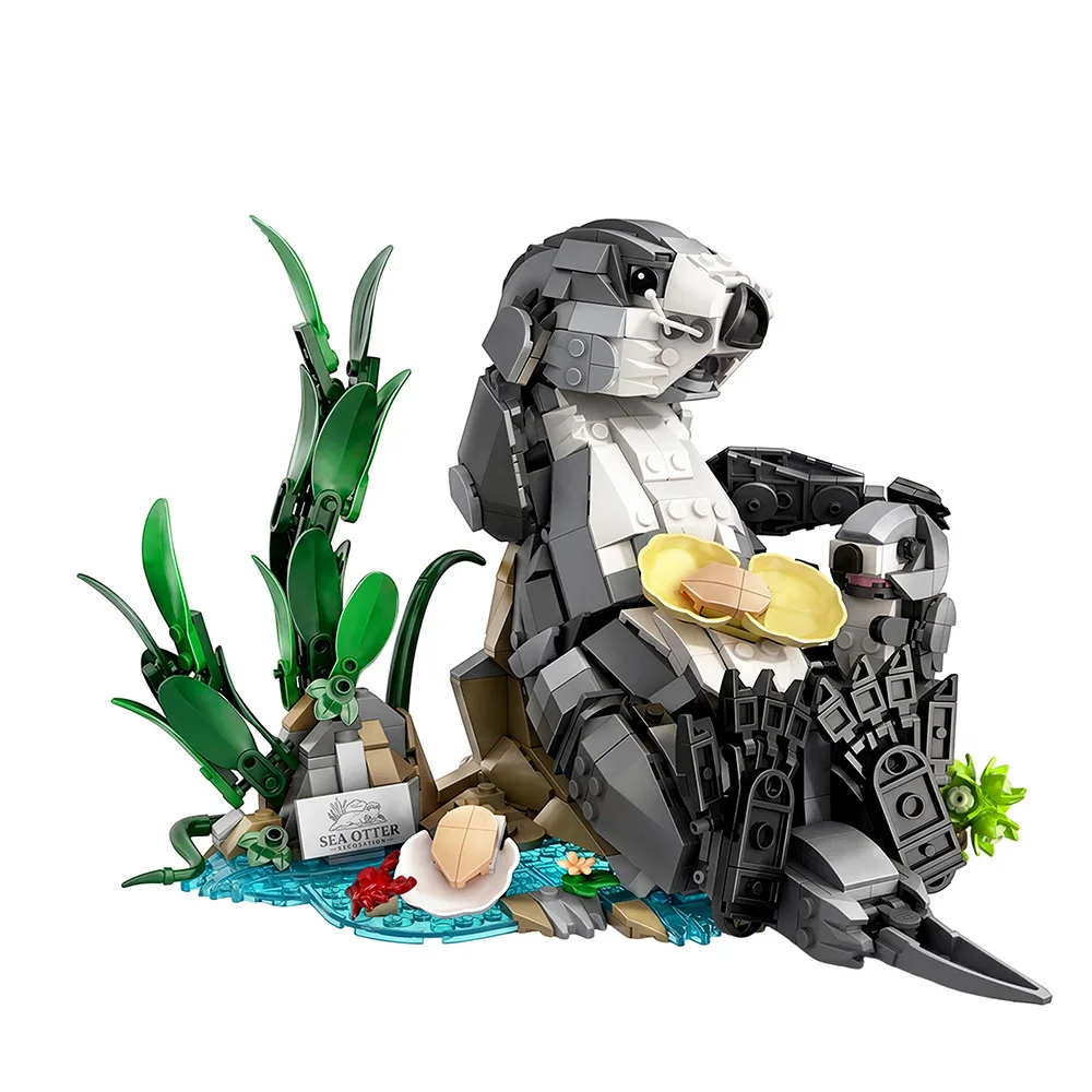 Cute Sea Otter Family Building Block Toy With Shell And Seaweed Base Interlocking Brick Set For Adult Collector Desktop Display