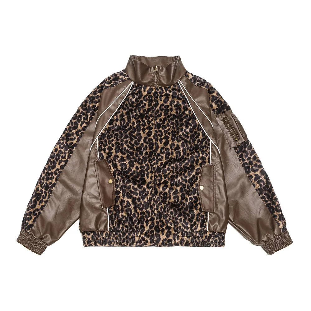 

Leopard Print Jacket Women Spliced Pu Leather Sleeves Spring Autumn Coat Streetwear Motorcycle Jacket Outerwears Korean Fashion