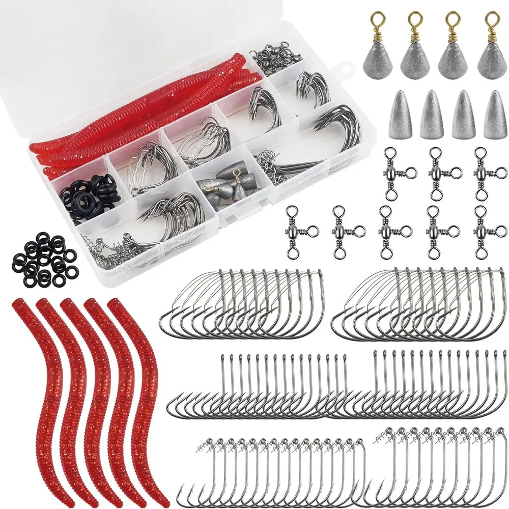 

Комплект рыболовных крючков Wacky Rig для окуня, 116 шт. Уплотнительные кольца Wacky Rig без сорняков, рыболовные крючки, вертлюги, коробка для снастей, комплект для окуня