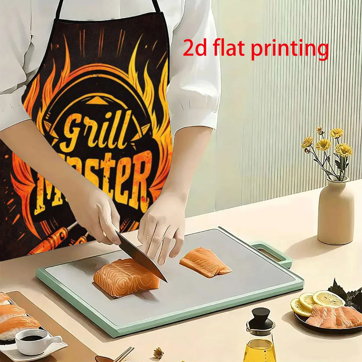 Apron kitchen Chef bib apron 1 piece 2D flat barbecue master apron, printed pattern apron, durable and easy to clean, adjustable